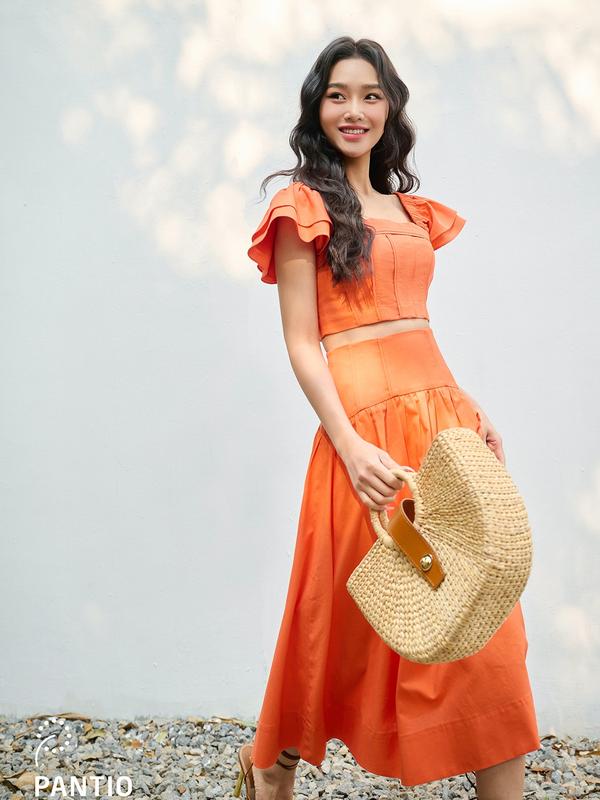  BAK32791 - Áo kiểu dạo phố vải linen dáng croptop cổ vuông tay cánh tiên thân sau phối chun khóa cạnh sườn - PANTIO 