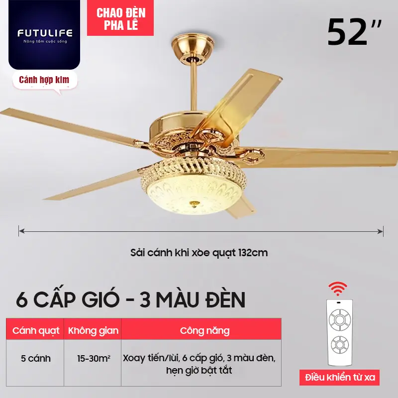 Quạt Trần Đèn LED chao pha lê, Sải Cánh 1m32, Công Suất 40w Chạy Êm Với 6 Chế Độ Gió 3 Chế Độ Ánh Sáng
