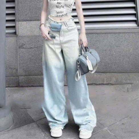  Quần jean ống suông lưng tua lật lai xanh loang 5742 Nữ Women 