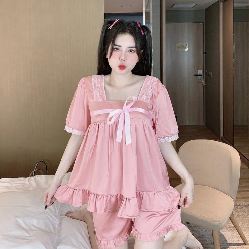 Bộ pijama lụa cộc tay quần dài phối nơ,ren tay điệu sang chảnh Lụa Trơn Nhung Nữ 4