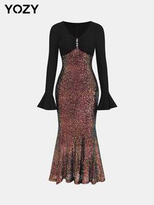 YOZY Women's Glitter Sequins V Neck Mermaid Dress, Elegant Flounce Sleeve Midi Party Evening Gown, Ladies Fall & Winter Clothes