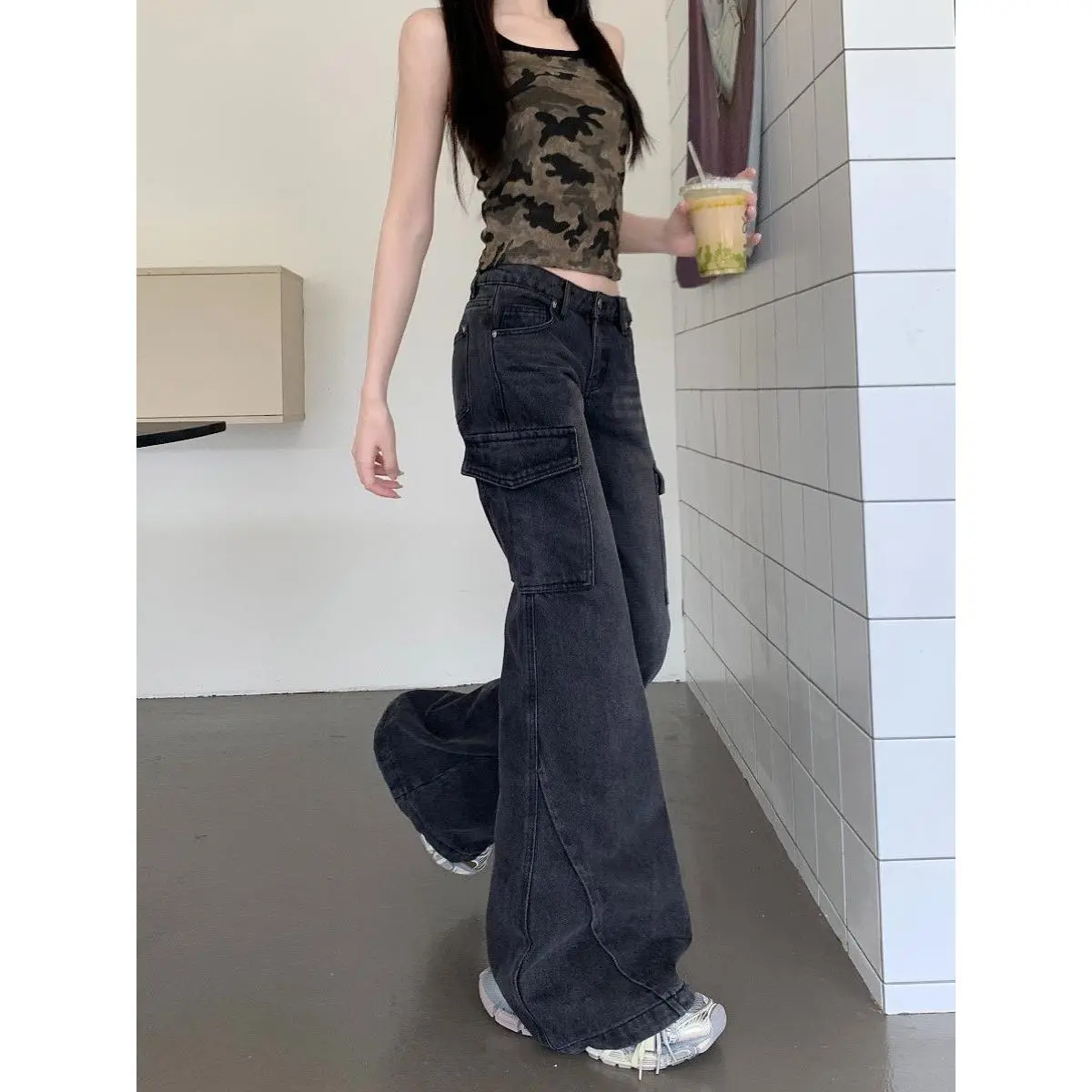 Seluar Jeans Kargo Bootcut Pinggang Tinggi, Gaya Gadis Panas Amerika, Rekaan Wanita, Langsing Lurus, Seluar Kasual, Poket, Slim Fit, Y2g