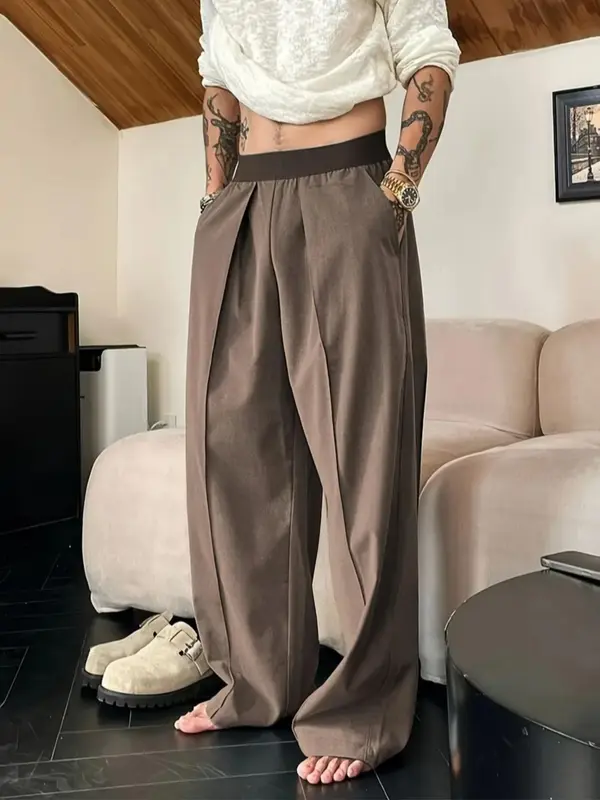 Men's Solid Color Wide Leg Pants, Loose Casual Comfy Trousers for Spring & Fall, Men's Bottoms for Daily Wear, Beige 3