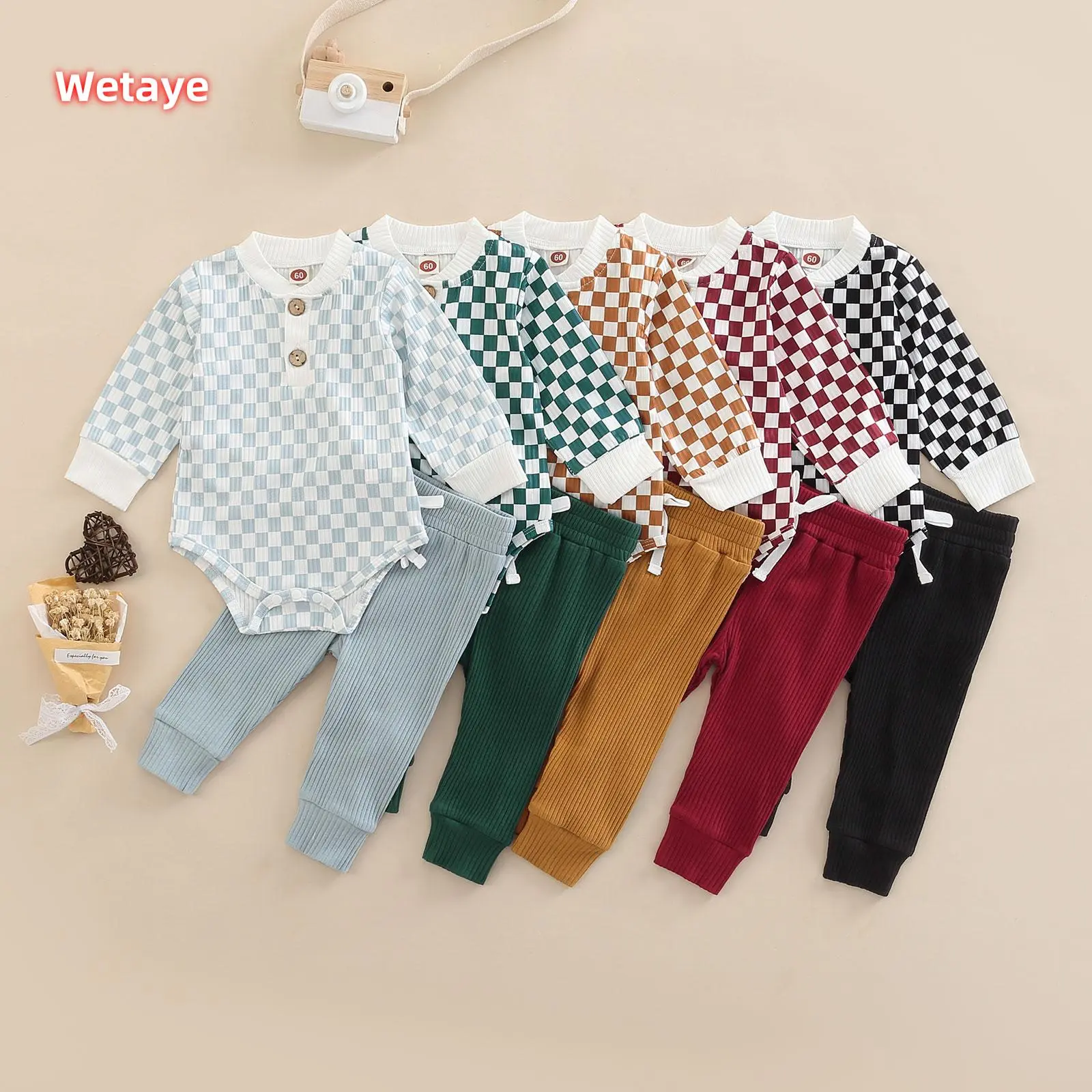 2-Piece Baby Set, Checkerboard Print Long Sleeve Onesie (with Buttons) + Casual Lace-Up Pants, 0-24 Months Newborn Toddler Cute Clothes