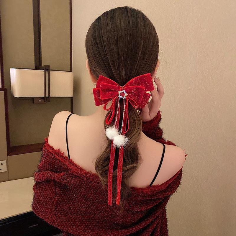 Product Introduction of Baby Costume Jewelry New Year's celebration red big bow gold velvet star hair clip hair accessory hair ball tassel headband top clip women autumn and winter 3