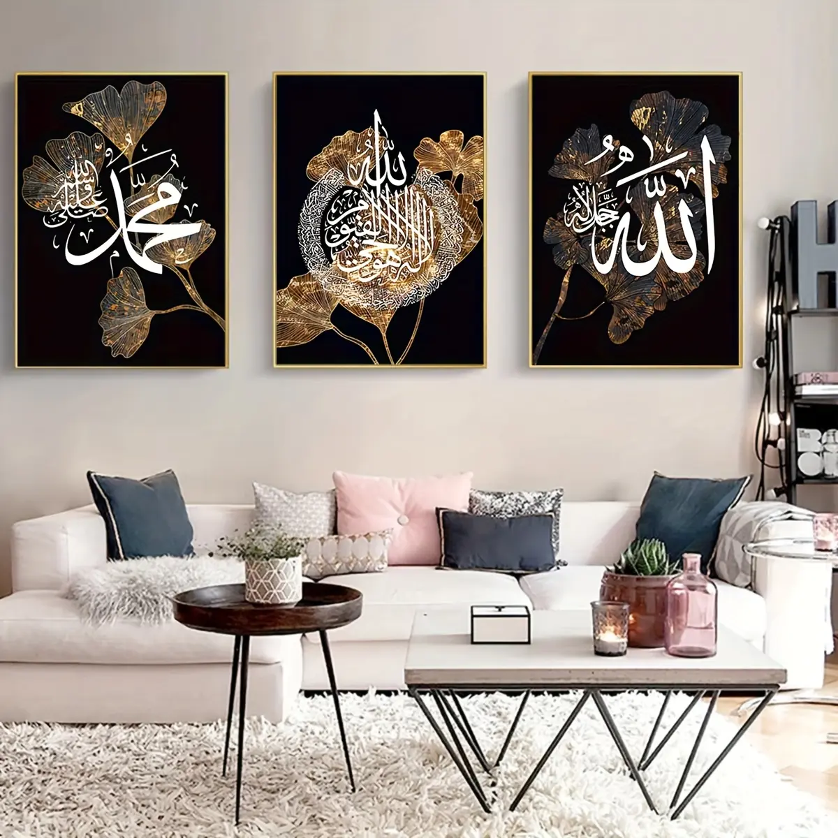 Kaligrafi Islam, Set 3pcs, Daun Hitam dan Emas, Daun Aprikot, Lukisan Kanvas Abstrak Bendalir Marmar, Gambar Seni Dinding, Hiasan Ruang Tamu, Tanpa Bingkai