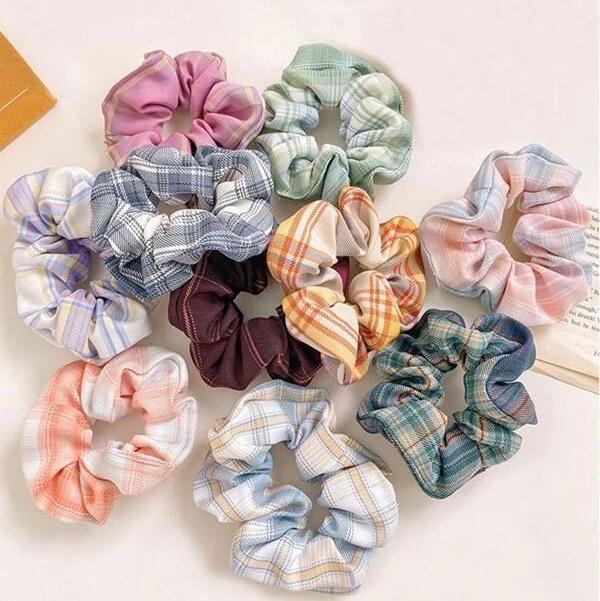 Scrunchie Retro Ikat Rambut Plaid Vintage Retro Hijab Wanita Korea Import 1