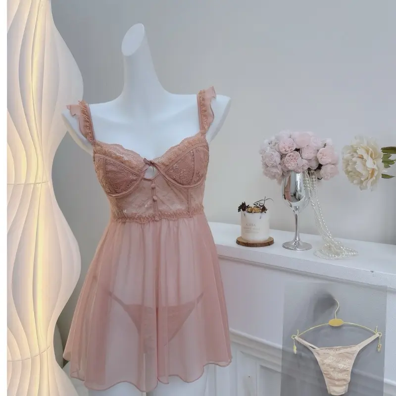 V152 Váy Ngủ Ren Mềm Có Gọng Có Đệm Mút Kèm Quần Đầm Ngủ QCCC 1