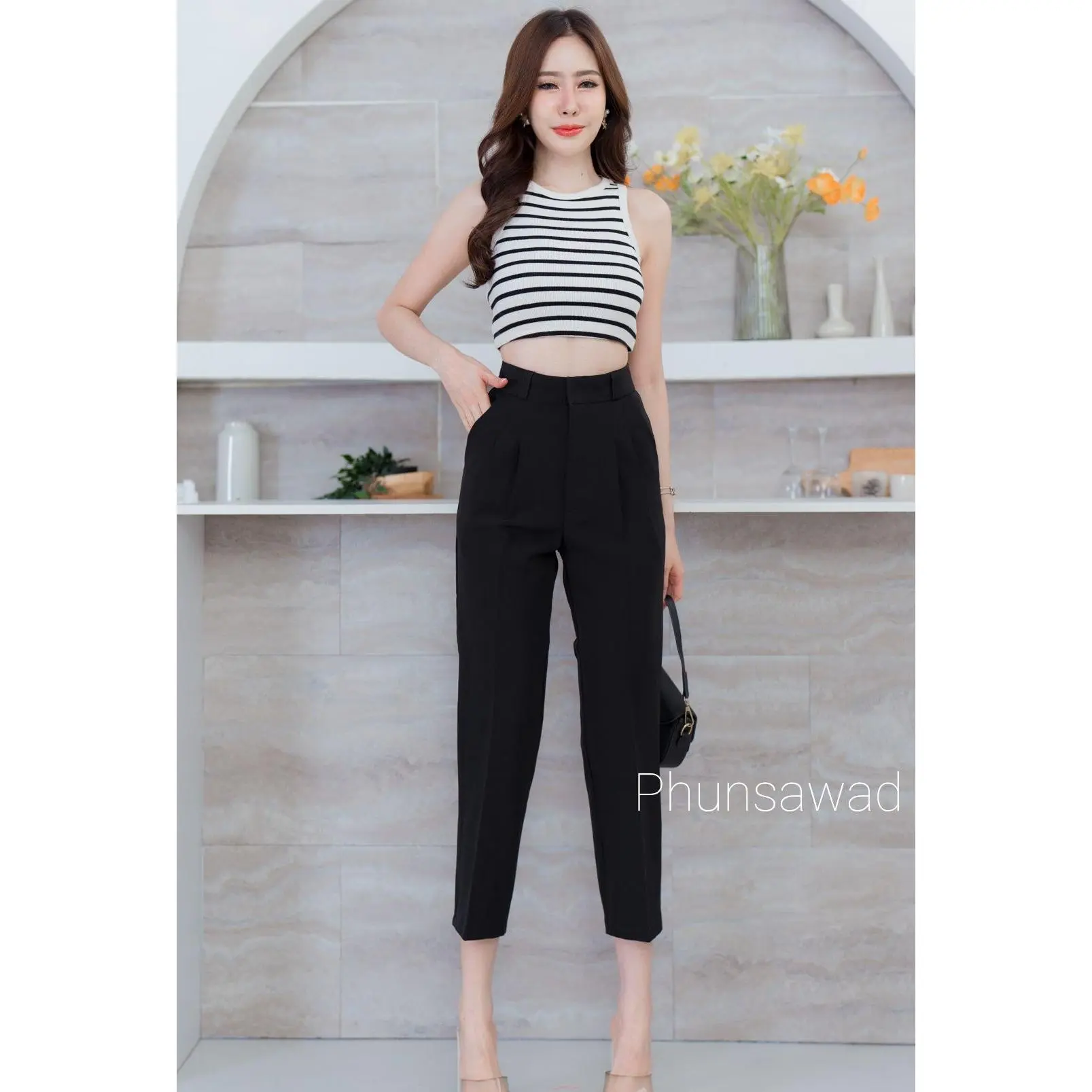 [พร้อมส่ง] Phunsawad (33)กางเกงผู้หญิง กางเกง8ส่วน กางเกงทรงบอย ผ้าไอวี่ไอด้า
