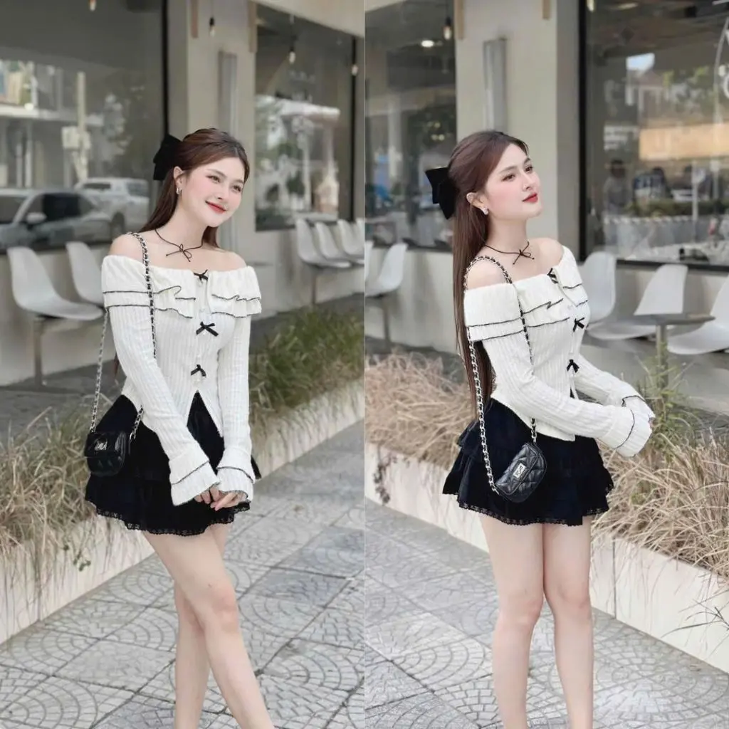 Set Đồ Nữ - Áo thun tăm trễ vai dài tay đính nơ mix chân váy ren tầng tiểu thư xinh đẹp