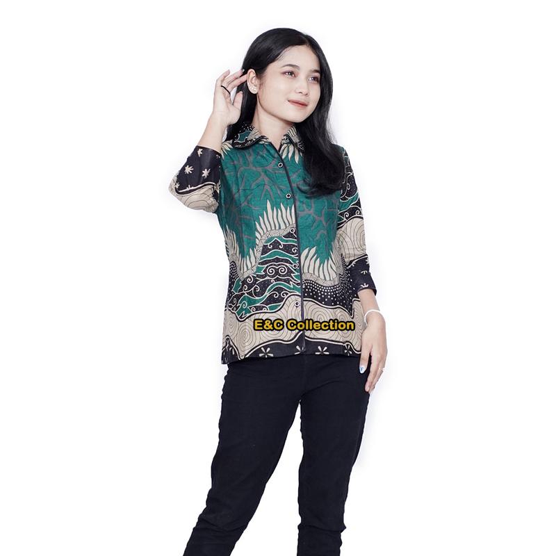 Atasan Batik Olive - Batik Couple - Batik Wanita - Hem Batik - Baju Kerja - Seragam Kantor - S-M-L-XL-XXL-3L-4L-5L Pasangan Katun Keluarga Sarimbit Panjang 6
