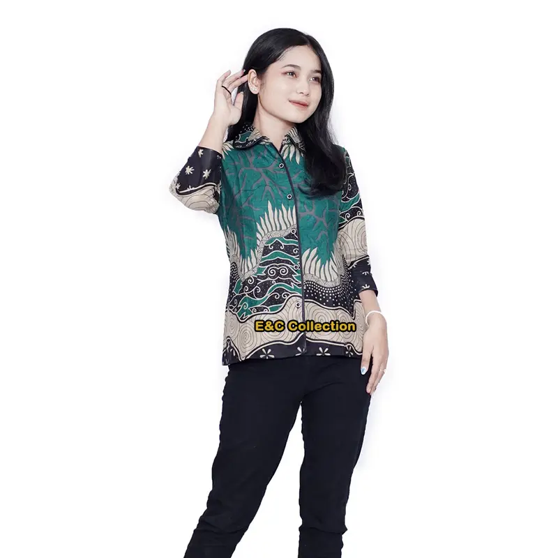Atasan Batik Olive - Batik Couple - Batik Wanita - Hem Batik - Baju Kerja - Seragam Kantor - S-M-L-XL-XXL-3L-4L-5L Pasangan Katun Keluarga Sarimbit Panjang 5