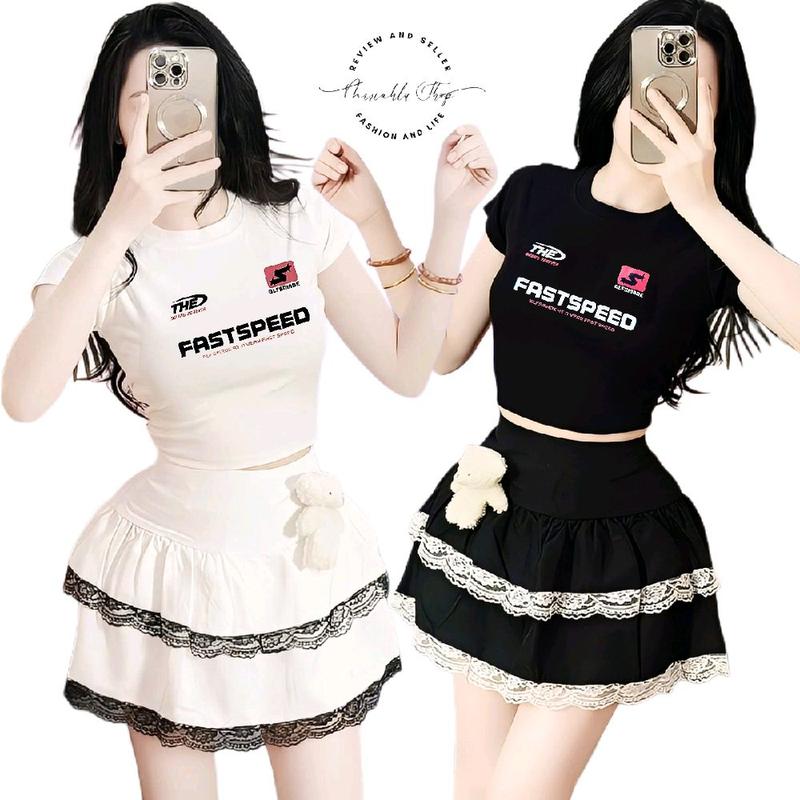  Set Xinh Tôn Dáng Đi Chơi Tết 2026 - Áo Thun Croptop Form Ôm Body In Hình Fast Speed Phối Chân Váy Xoè 2 Tầng Viền Ren Đính Gấu Bông -Thời Trang Nữ Hot Trend 2026 - Tôn Dáng Hack Eo 