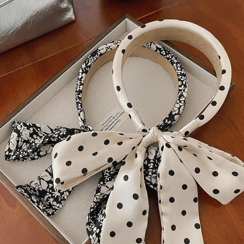 Product Introduction of Fashion 2024 New Women's Polka Dot Bow Ribbon Headband Face Washing Hair Pressing Headband High Skull Hair Tied Ribbon Headdress 19