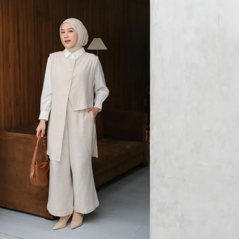 YEPPUOUTFIT - Afifa Set Raya Series | Basic Setelan Wanita Outer Asimetris Dan Kulot Panjang Linen Outfit Lebaran Cantik Kancing Karet Muslim Pendek Pink Soft Celana Casual 4