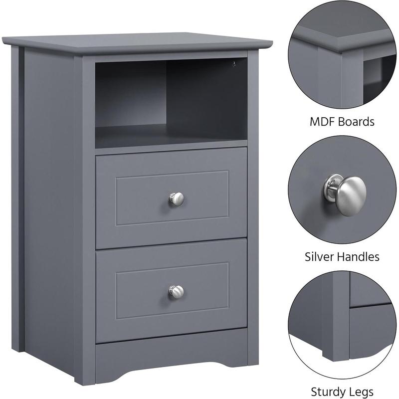 2pcs Bedside Table, Wooden Nightstand Cabinet Unit with 2 Drawers and Open Cubby Set of 2, Modern Sofa Side End Table for Living Room/Bedroom/Small Space, 35 x 40 x 60cm, Dark Gray 3