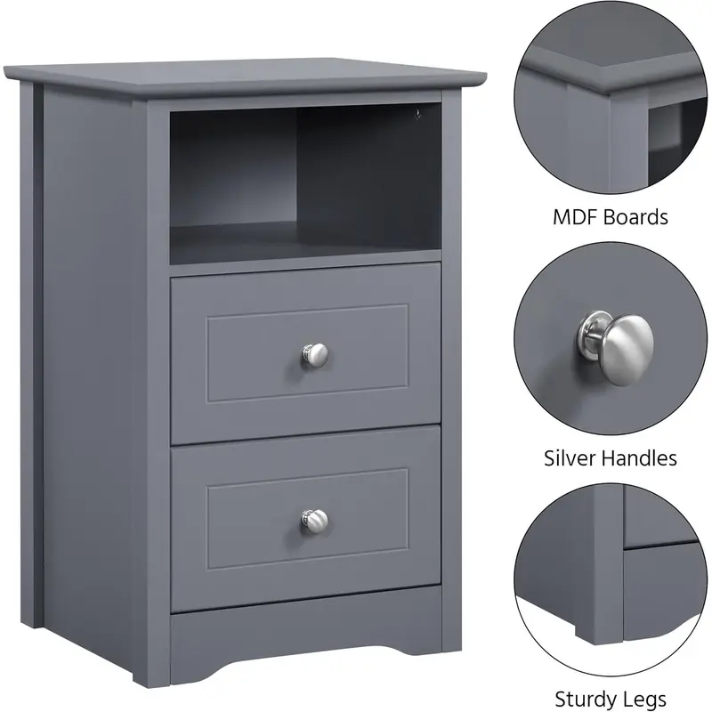 2pcs Bedside Table, Wooden Nightstand Cabinet Unit with 2 Drawers and Open Cubby Set of 2, Modern Sofa Side End Table for Living Room/Bedroom/Small Space, 35 x 40 x 60cm, Dark Gray 3