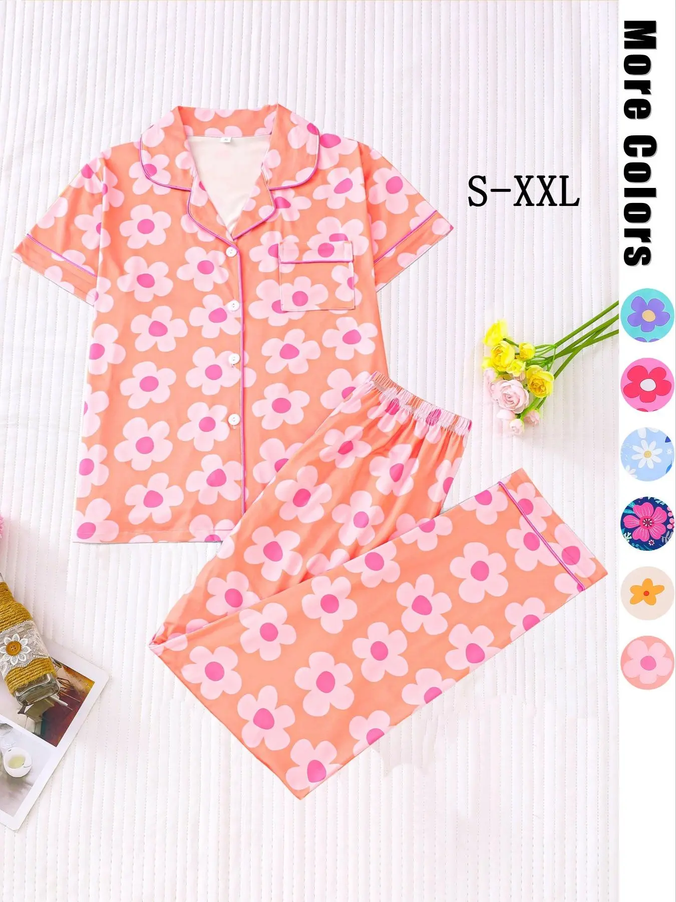Women's Floral Print Lapel Neck Pocket Shirt & Elastic Waist Pants Pyjama Set, Casual Comfy Short Sleeve Button Up Top & Trousers PJ Set, Ladies Sleepwear for Spring & Fall Valentine's Day, Pajamas