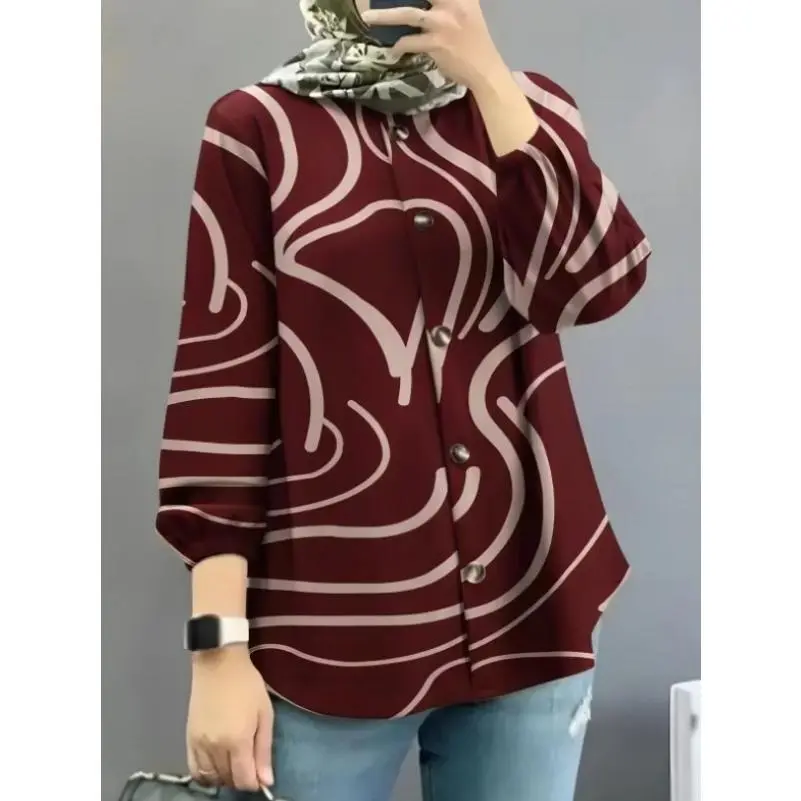 Female Tops Women's Muslim Floral Shirt Robe Fashion Puff Sleeve
