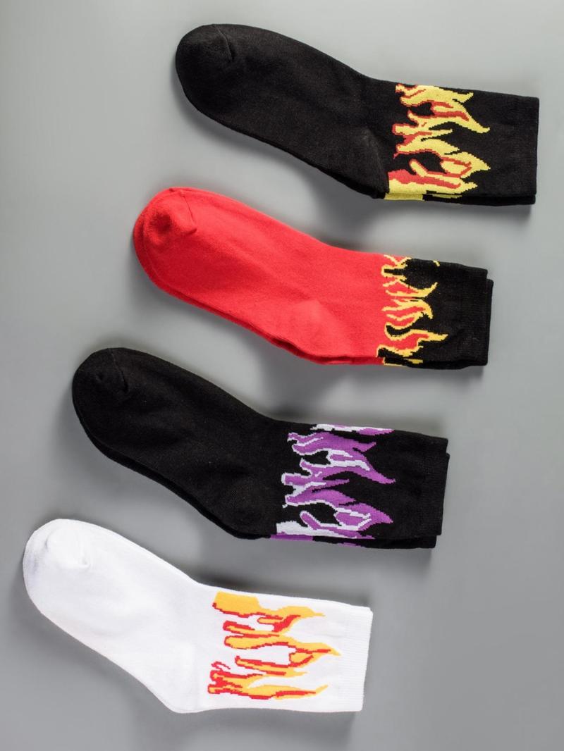 Product Introduction of Men's 4 Pairs Flame Print Crew Socks, Fashion Casual Street Comfy Socks for Daily Outdoor Wear, Men Socks for All Seasons 4