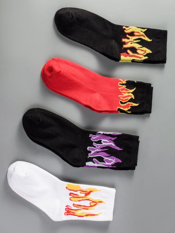 Men's 4 Pairs Flame Print Crew Socks, Fashion Casual Street Comfy Socks for Daily Outdoor Wear, Men Socks for All Seasons 3