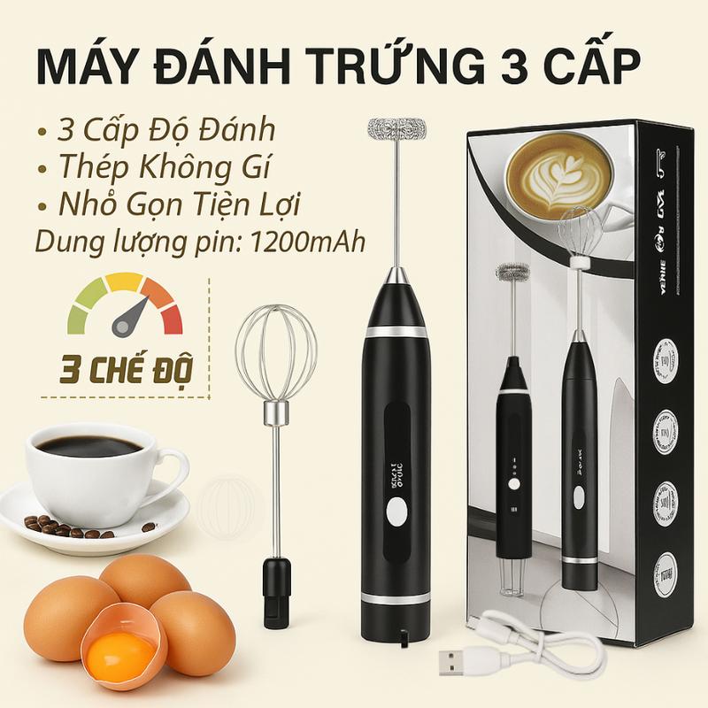 Máy Tạo Bọt Cà Phê & Máy Đánh Bọt Cà Phê Máy Đánh Trứng Cầm Tay Mini 3 Tốc Độ Tiện Dụng Bền Kèm Dây Sạc Inox M01 1200mAh 4.5V-5.5V