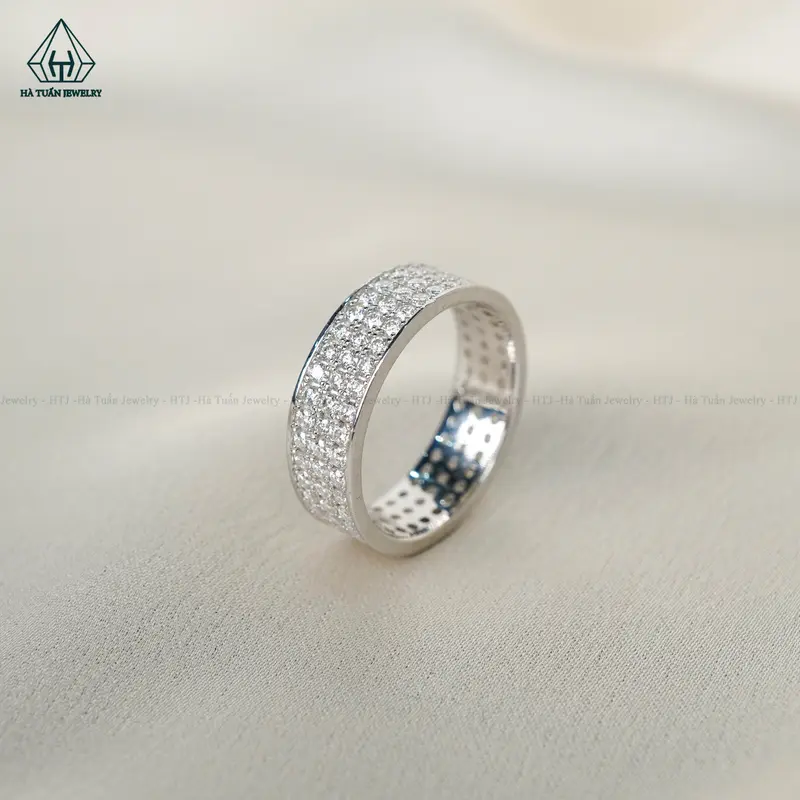 Nhẫn Bạc 925 Xi Kim 3 Hàng Tấm FULL MOISSANITE 1.5mm RX191 Hà Tuấn Jewelry 2