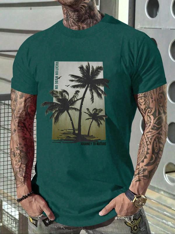 Men's Coconut Tree & Letter Print Drop Shoulder Sleep Tee, Regular Fit Casual Soft Comfortable Short Sleeve Round Neck Pj T-shirt for Daily Wear, Sleepwear Loungewear for Men, Summer Tops, Menswear 3