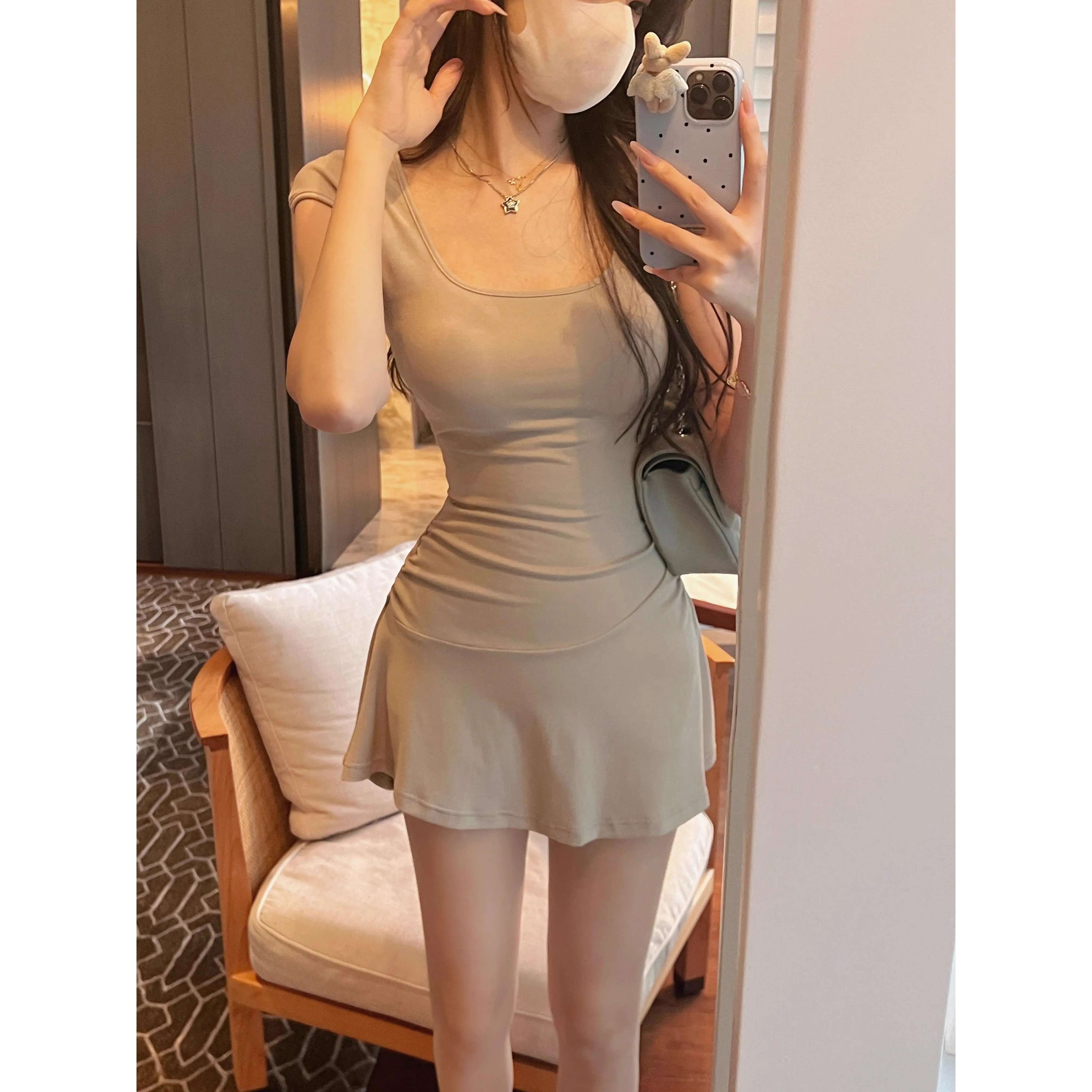 Váy Ngắn Tay Cổ Chữ U, Gợi Cảm Và Nóng Bỏng, Dành Cho Phụ Nữ, Phong Cách Dễ Thương Và Gợi Cảm, Chữ A, bó Eo, Váy Ngắn, IN MIMIFACE