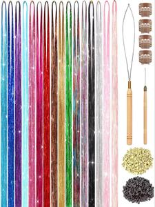 37 Inch Glitter Hair Bundles Kit, 16 Colors Glitter Hair Extension, Heat Resistant Hair Accessories for Women & Girls, Synthetic Cosplay Accessories