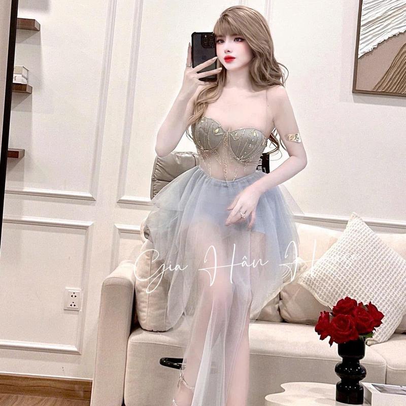 17055 - ĐẦM LƯỚI CÚP ĐÍNH HỘT TẦNG PHỦ -Gia Hân House-size 1( dưới 52kg-eo dưới 70cm) - size 2( dưới 55kg-eo dưới 75cm) - 3 màu- lưới