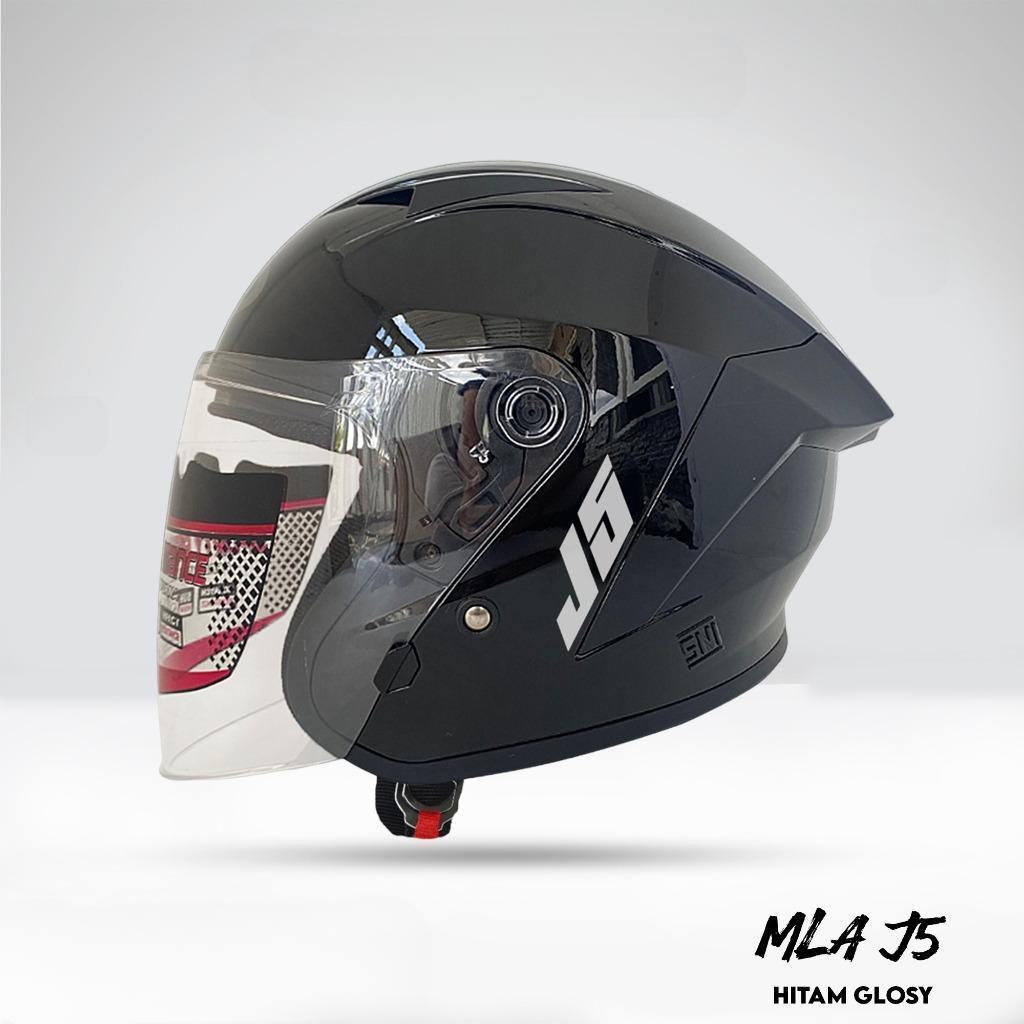 Helm Half Face  MLA J5 BLACK GLOS  Kaca Visor Bening | Helm Premium Untuk Pria Dan Wanita Dewasa SNI