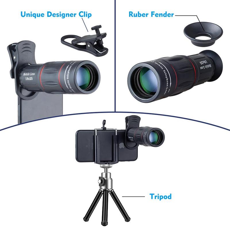 18X Magnification Mobile Phone Telescope Lens, Mobile Phone Zoom Lens With Tripod & Phone Clip & Cloth & Storage Bag & Lens Cover, Phone Accessories For Long Distance Shooting 5