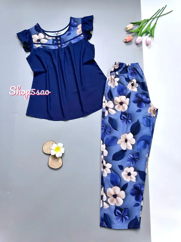 Bộ lanh mặc nhà, đồ bộ tole nữ SHOP5SAO phối màu cao cấp,quần dài (58-75kg) Women Đồ mặc nhà 0