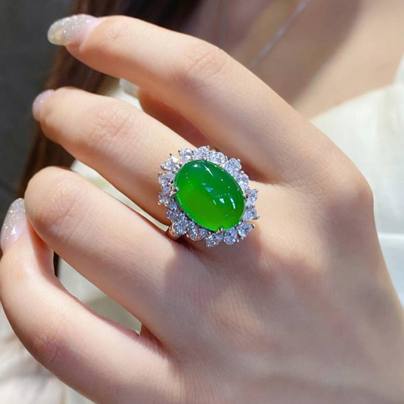Product Introduction of Natural ice-permeable chlorite agate retro temperament full of zirconium open ring women, oval egg surface ring ornament 0