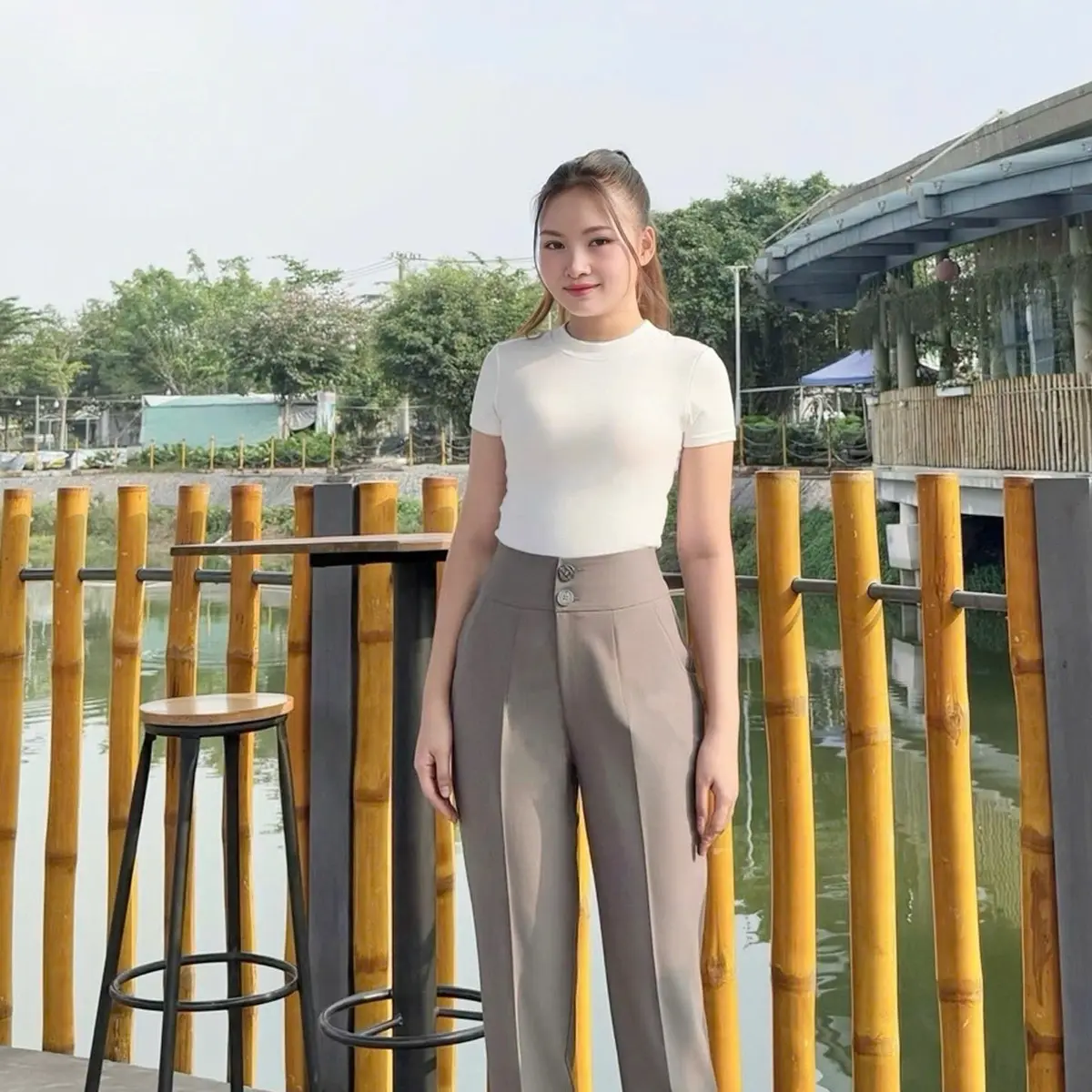 Quần Tây Nữ Lưng Cao 2 Nút Trơn Ống 16cm Chiều Dài 97cm Chất Liệu Vải Cotton Hàn Mềm Mại Và Co Giãn Nhẹ - Women