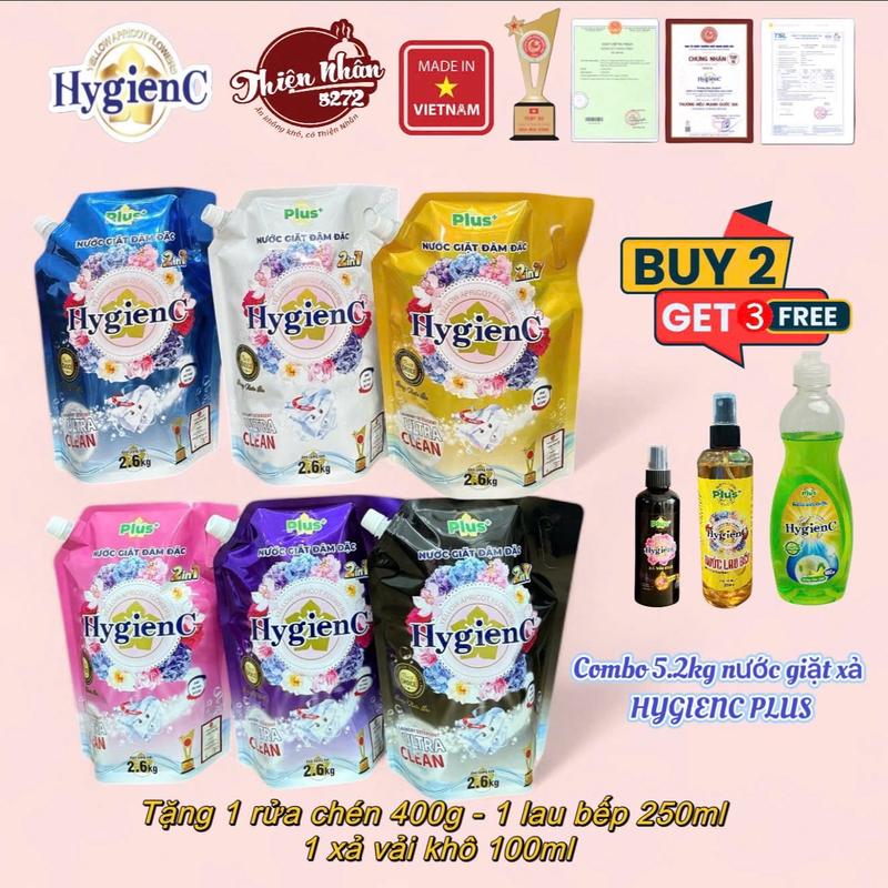 Nước Giặt Xả HygienC Plus+ Việt Nam 2in1 Túi 2kg6 - Tặng Kèm 1 Chai Nước Rửa Chén HygienC 400gr Hoặc 1 Chai Xịt Vải Khô 100gr Siêu Thơm