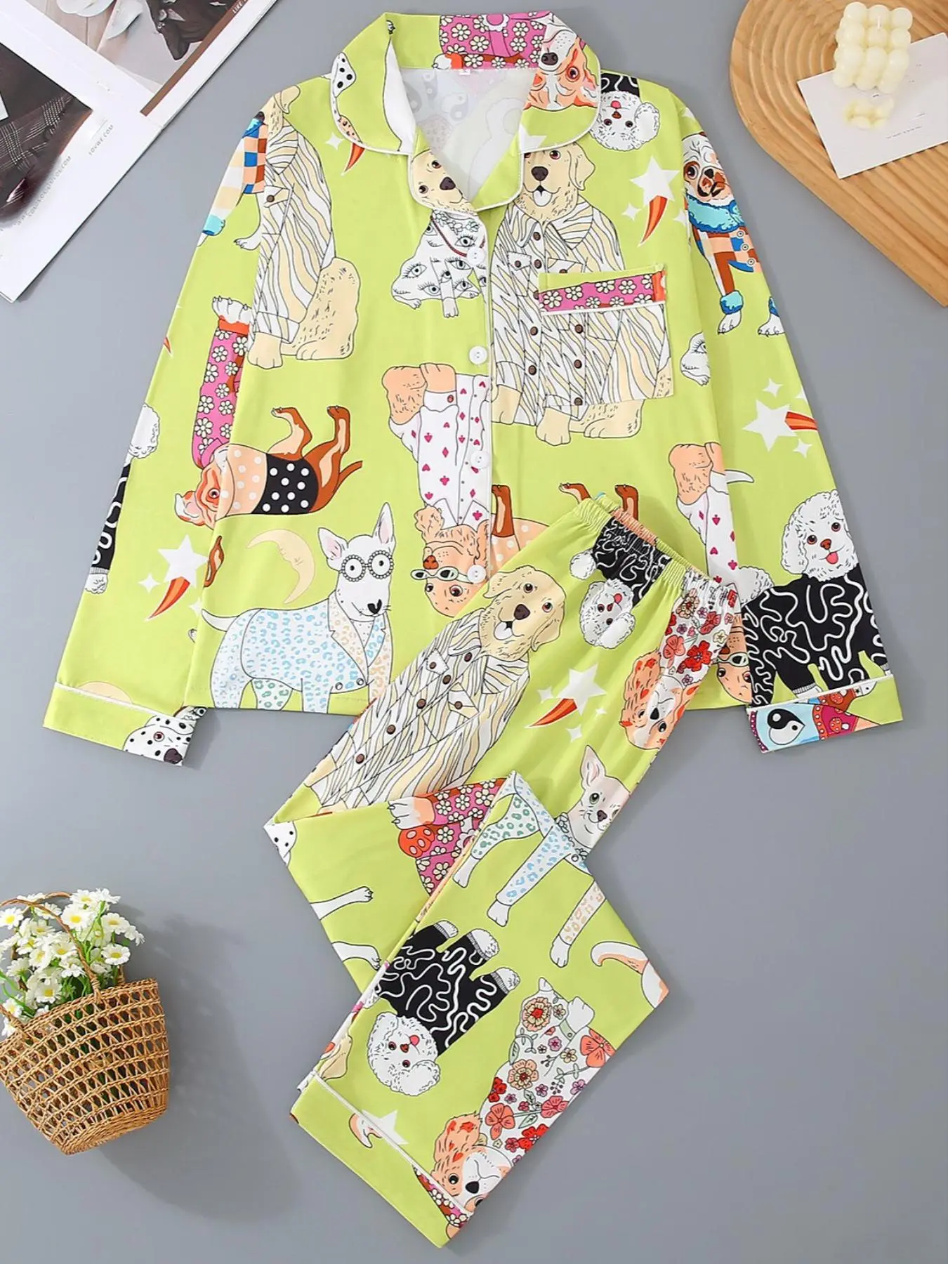 Women's Cartoon Dog Print Button Front Shirt & Pants Pyjama Two-piece Set, Casual Comfy Long Sleeve Top & Trousers Set, Ladies Sleepwear for All Seasons