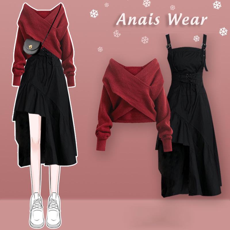 Áo len trễ vai vạt chéo siêu xinh kết hợp với váy 2 dây xẻ tà dài hack dáng áo len cổ chữ V anais wear