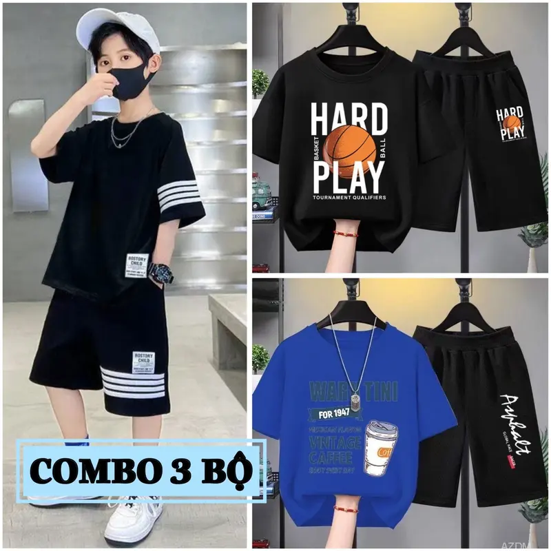Combo 3 Bộ quần áo bé trai mùa hè size đại từ 17 đến 40kg, chất thun co giãn, mềm mát, phong cách Hàn Quốc cho bé trai từ 5 đến 14 tuổi, dáng quần đùi áo cộc tay thể thao. set đồ 3