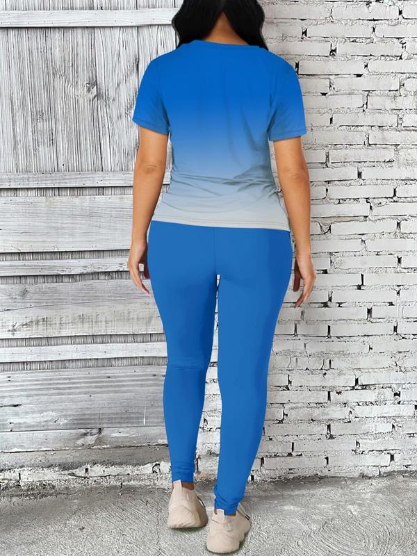 Women's Ombre Letter Print Short Sleeve Tee & Leggings Set, Casual Round Neck T-Shirt & Skinny Pants For Daily Wear, Ladies Two-Piece Outfits For All Seasons 8