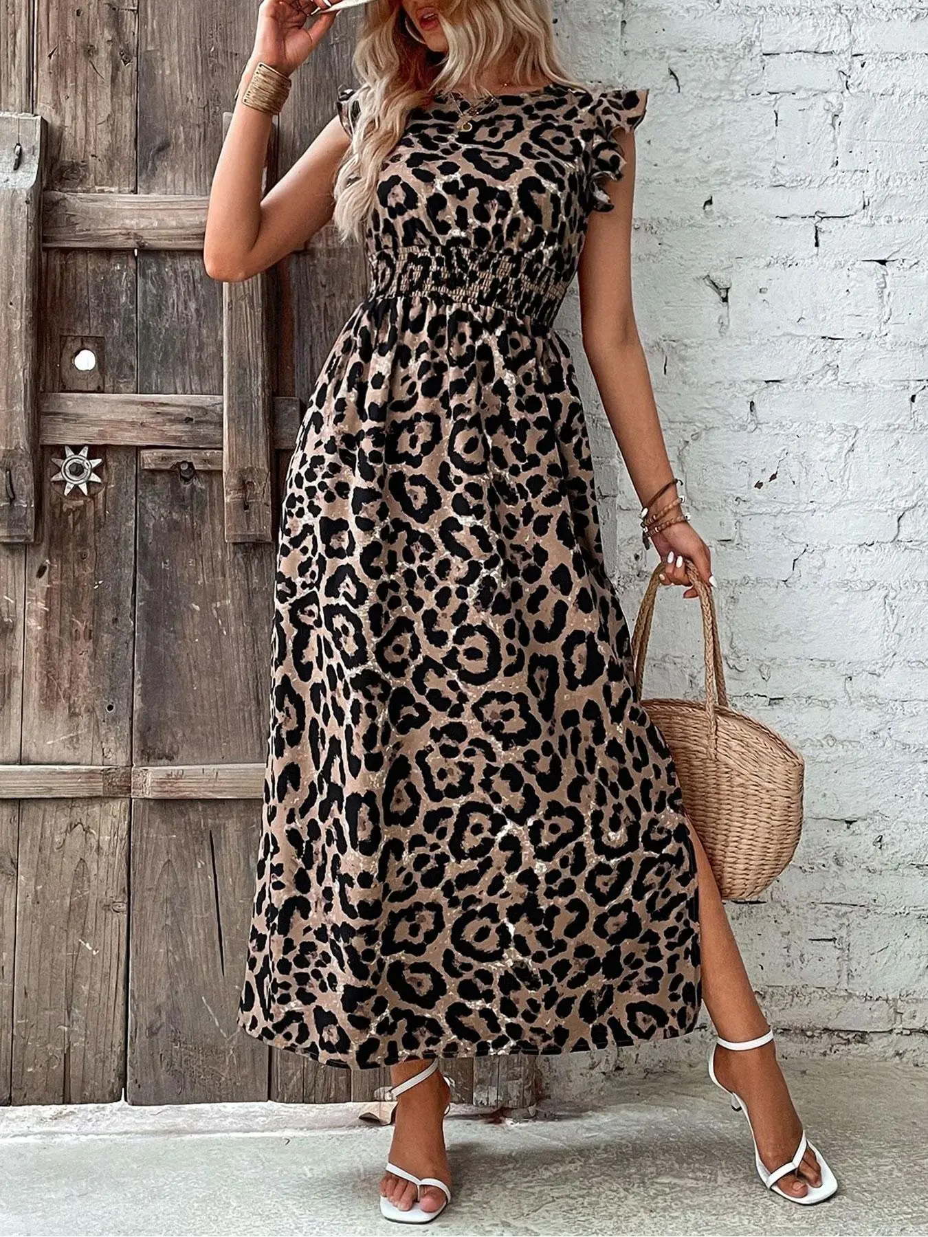 Women's Leopard Print A Line Dress, Casual Comfy Long Dress for Summer, Ladies Clothes for Daily Wear