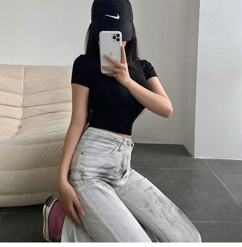 Product Introduction of Summer New European and American Basic Style Small round Neck Cropped T-shirt Stretch Tight Short Sleeve Bottoming Top for Women Lingerie Lady Streetwear Casual Minimalist Womenswear Comfort 14