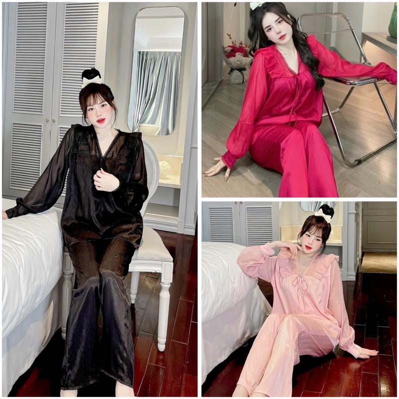 Đồ bộ nữ mặc nhà dành cho nữ cổ V phối bèo voan ở cổ tay dài lụa xước ánh kim from 40-60kg