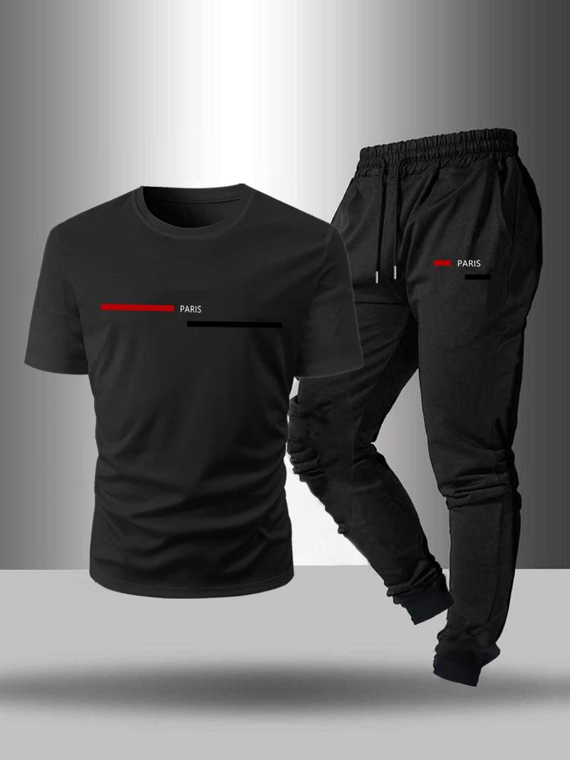 Product Introduction of Men's Letter Print Tee & Drawstring Waist Pants Two-piece Set, Regular Fit Round Neck Short Sleeve T-shirt & Trousers, Casual Clothes for Summer 6