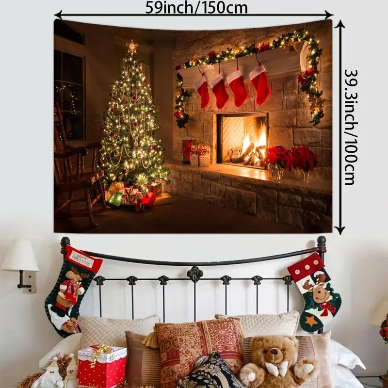 Christmas Fireplace Pattern Tapestry, 1 Count Christmas Themed Photography Background Cloth, Christmas Party Supplies, Home Decor 6