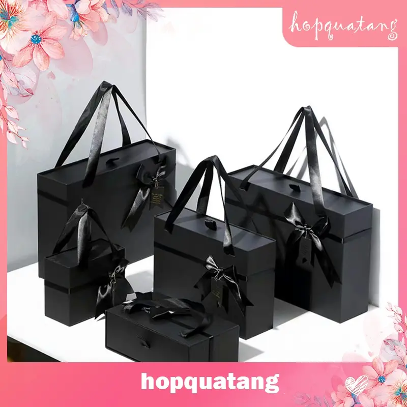 Hộp Quà Sinh Nhật Hộp Đựng Quà Tặng Màu Đen Gắn Nơ Có Quai Xách Cứng Cáp Sang Trọng 0