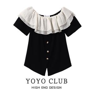 Irregular Chic Ruffled off-Shoulder Short-Sleeved T-shirt Women's Summer French Style Short Chiffon Top