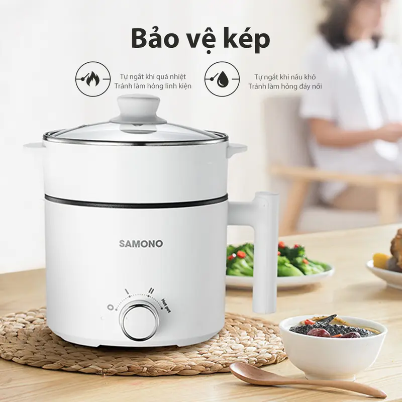 ( BH 1 năm) Samono Nồi Điện Đa Năng Hotpot 1,5L Kèm Xửng Hấp và Nắp Kính 150 Watt SW-DG04S Lòng hấp Inox 7