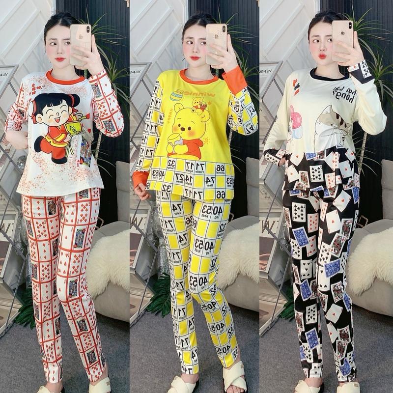 Sét Bộ Mặc Nhà Bộ Ủ Kem Phối Hình Dễ Thương Áo Tay Dài Quần Ống Ôm Có Túi Chất Thun Tăm Lạnh Cao Cấp Nữ